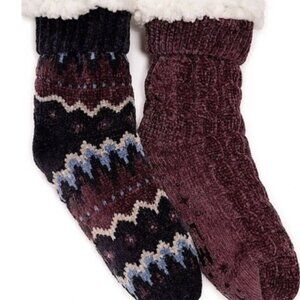 MUK LUKS 2 Pack Lined Rib Socks Soft Faux Fur WOMEN'S SIZE L-XL Dark Purple NEW